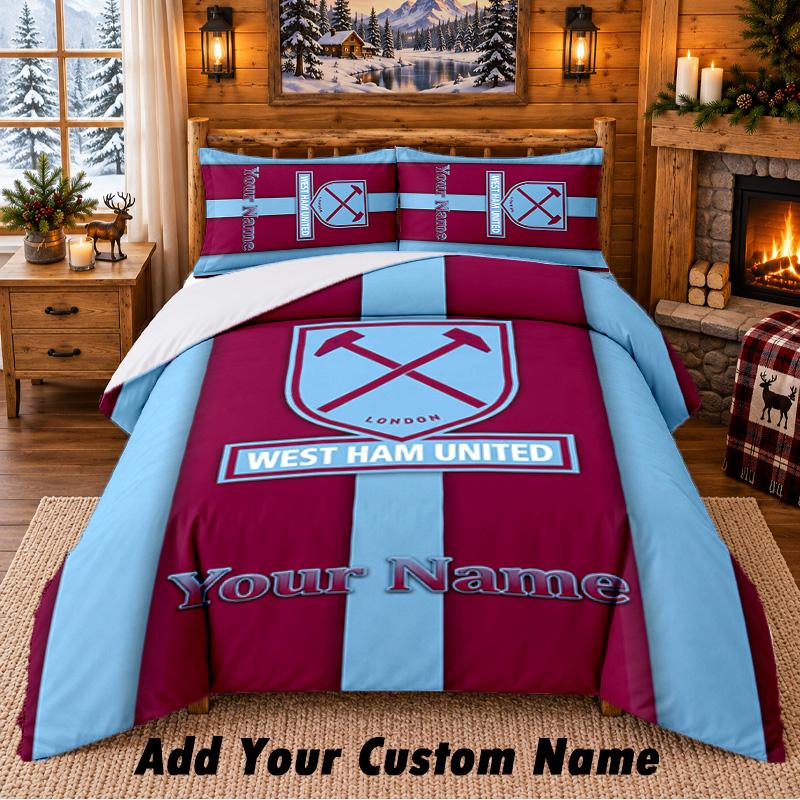 West Ham United FC Pattern Bedding 3Pcs Set Custom Name, Bed Sheet And Pillowcases For Home Bedroom