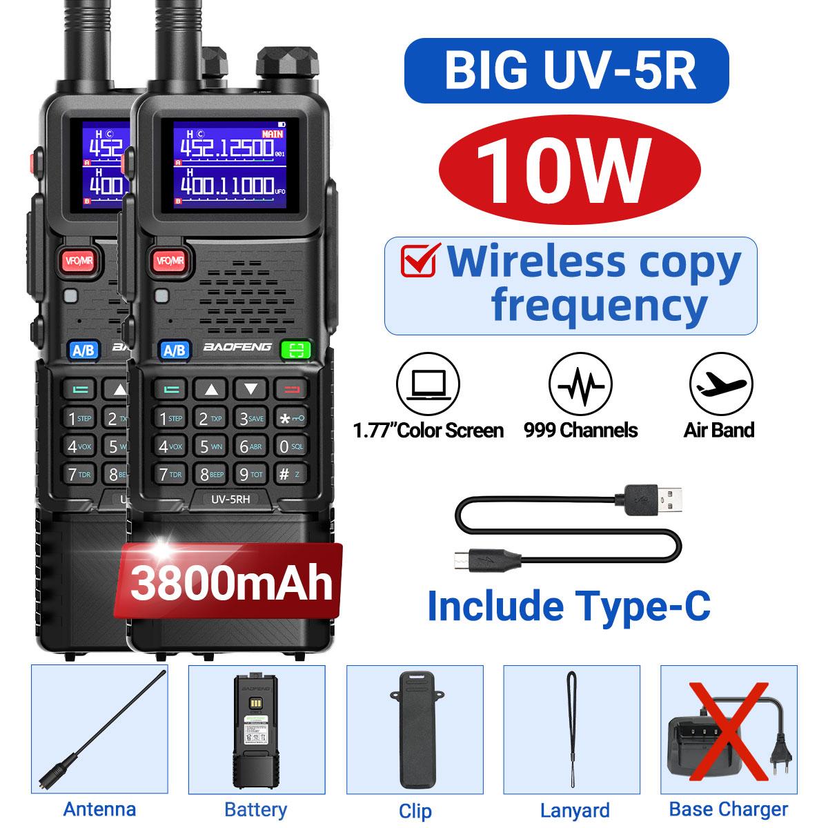 2 STuks Baofeng UV-5RH 10W Luchtband Walkie Talkie Multi Band Draadloos Frequentie Kopiëren 999 Kanalen NOAA Lange Afstand Amateur Radio Geüpgraded UV-5R US