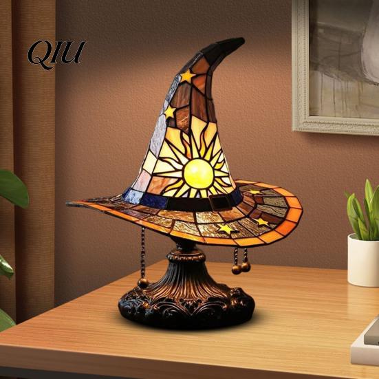 Fantasy Glass Lampshade Stained Style Witch Hat Lamp, USB Powered Resin Wizard Night Light Dorm Room Desk Lamp with Sun Star, Gothic Halloween