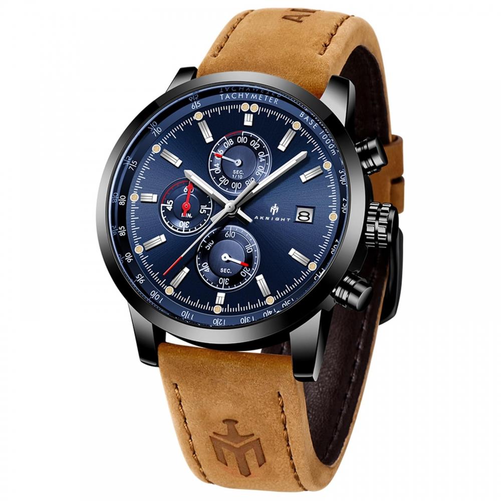 

Мужские часы AKNIGHT, модные, популярные, кварцевые, ремешок из натуральной кожи, хронограф, кристалл, легко различимые, светящиеся, аналоговые, наручные часы, водонепроницаемые,