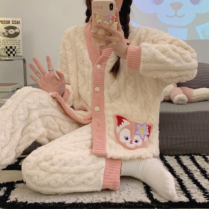 Women's Autumn & Winter Jacquard Coral Fleece Pajamas, Cute V-Neck Cardigan, Thick & Cozy Home Wear