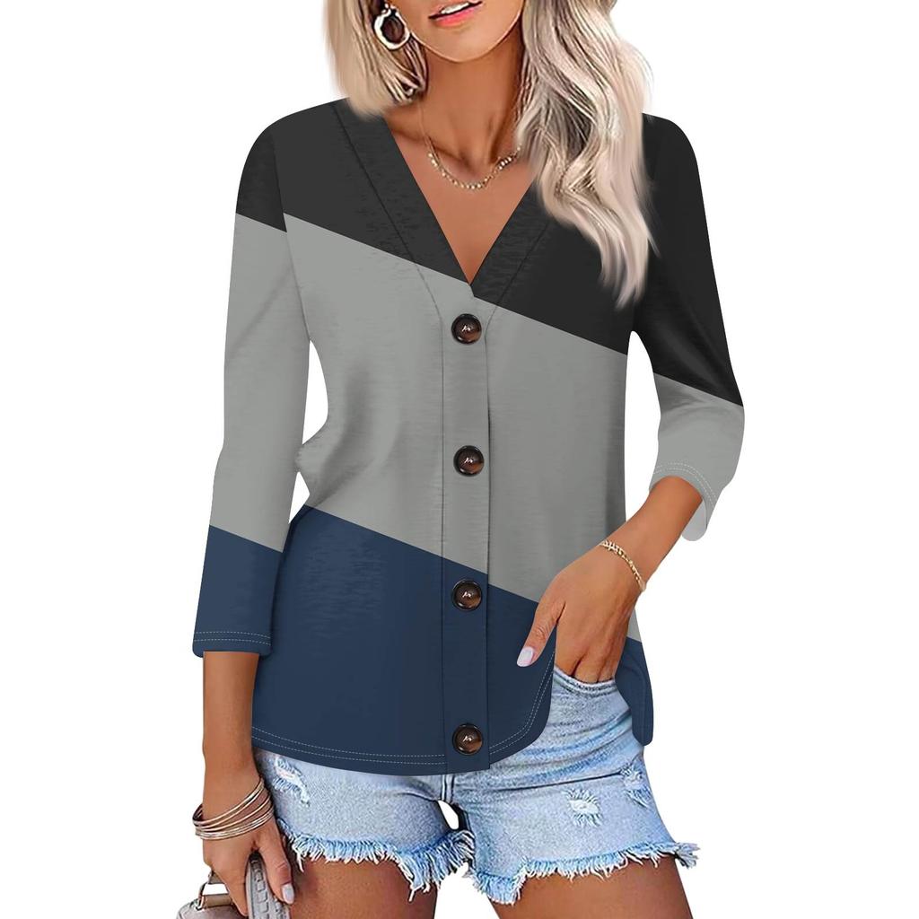 Women's Fashion Casual Striped Geometric Print Button-Down Shirt Three-quarter Sleeve Cardigan Top