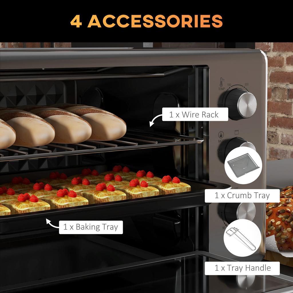 30L 60-230 degrees C Mini Electric Oven, with Accessories - Silver Tone
