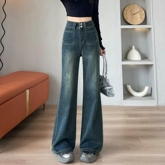 

2026 Retro High-Waisted Wide-Leg Jeans for Women - Spring/Autumn, Relaxed Loose Fit Straight Leg Extra Large