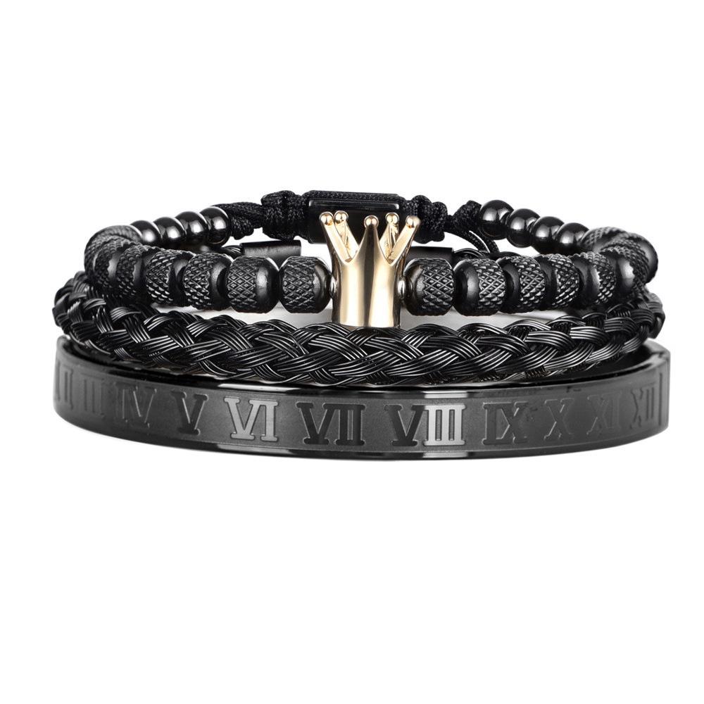 Smooth Crown & Pineapple Bead Roman Numeral Twist Bracelet Set