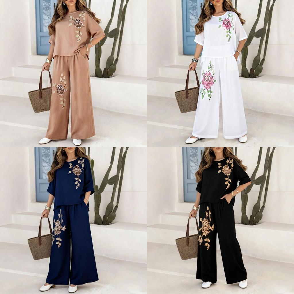 Vintage Plant Embroidery Cotton Linen Casual Pants Set For Women Summer Streetwear