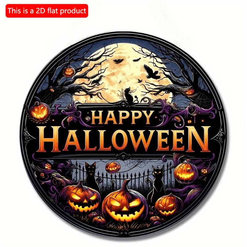 2d Flat 20*20cm, Home Decoration, Happy Halloween Wooden Circular Logo, Creative Decorative Board, for Home, Office, Cafe, Club, Garden Decor.