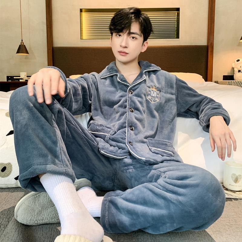 

Молодежная мужская толстая фланелевая зимняя пижама: Длинные рукава, Теплые, Плюс Бархат XXXL