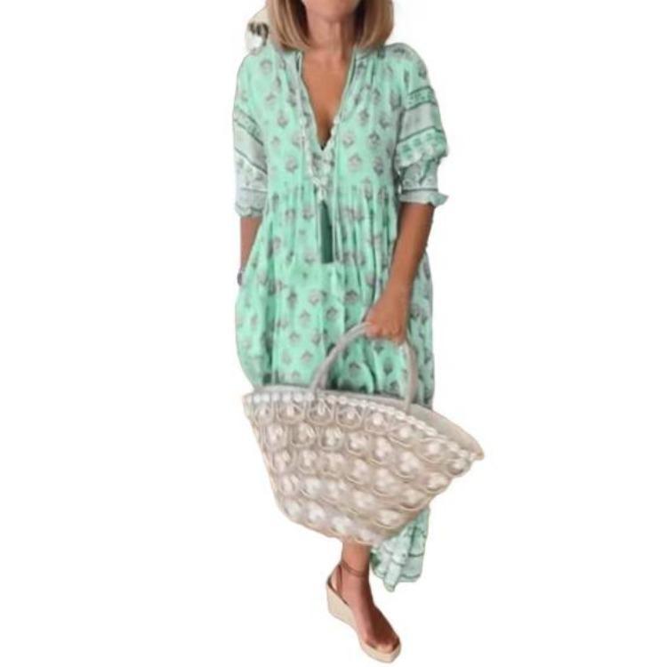 Letnia Sukienka Maxi Styl Bohemian Wysoki Stan Linia A Plisowana Rozkloszowana Z Nadrukiem Dekolt V Rękawy Latarenkowe Sukienka Wiosenna