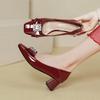 Coarse Heel High Heels Huizhou Spring and Autumn Shoes Bow Middle Heel Shoes French Square Head Light Mouth Red Single Shoes