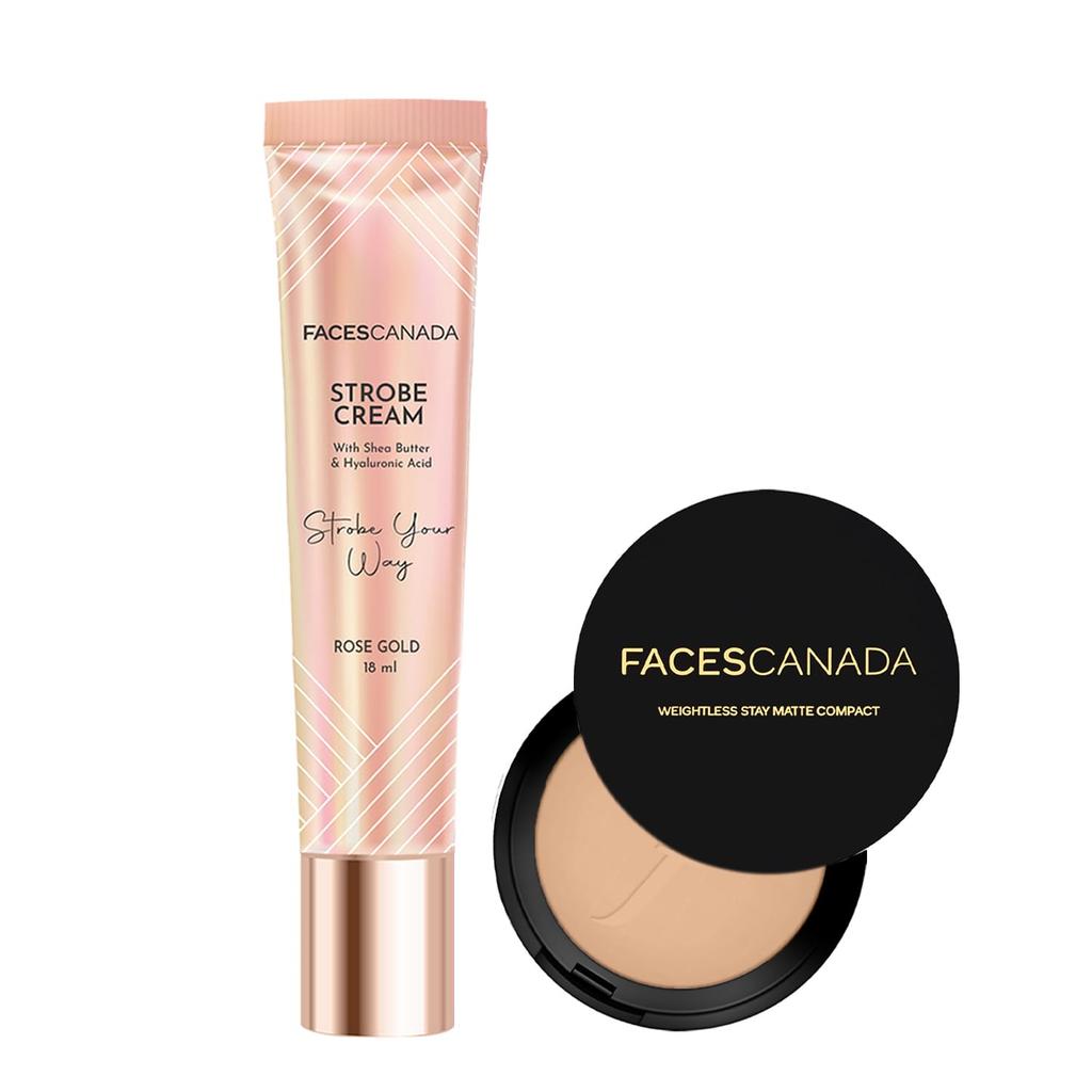 FACES CANADA Matte & Shine Combo - Strobe Cream - Rose Gold (18 Ml) + Weightless Stay Matte Compact Powder - Beige 03 (9 Gm) | Flawless Glowy Fin