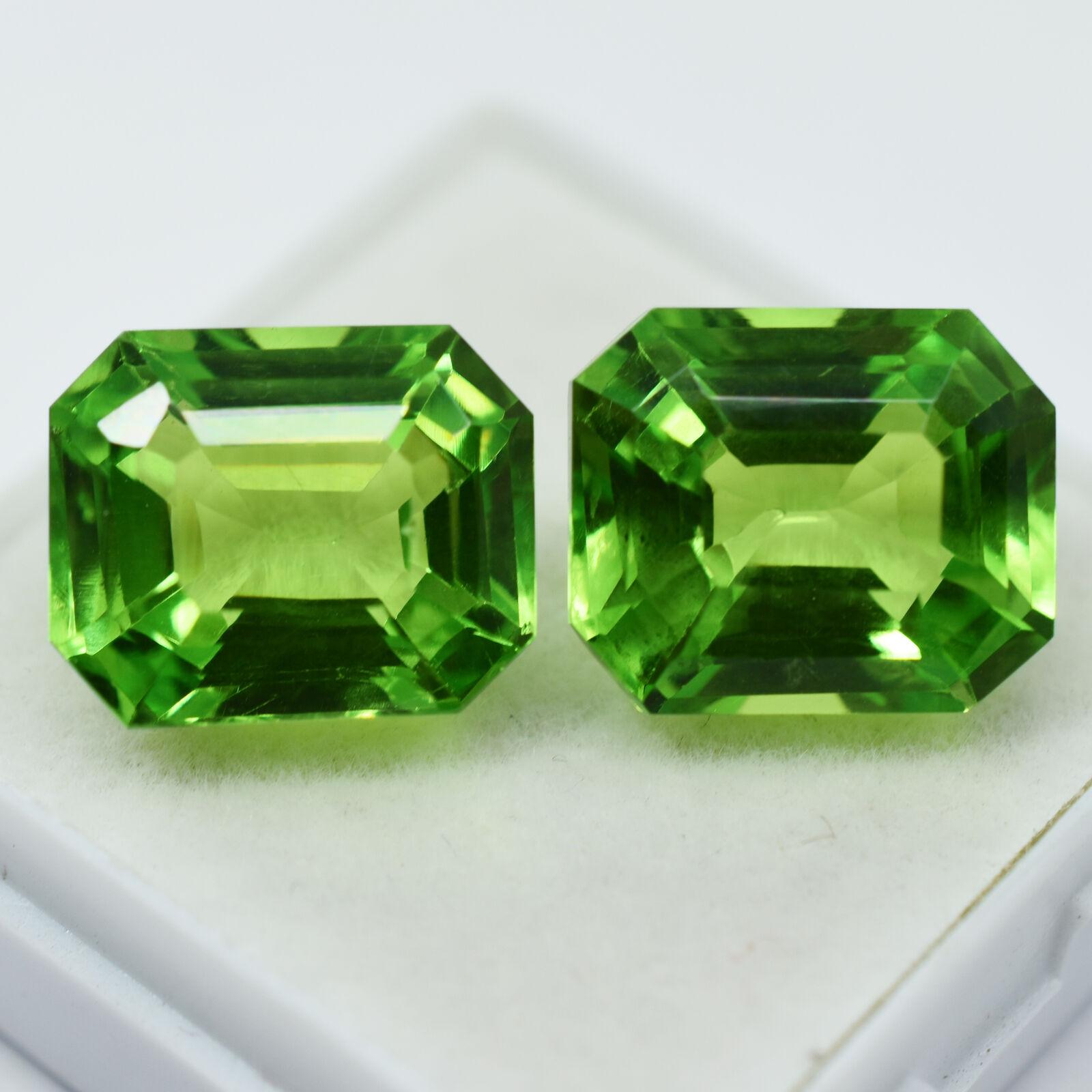 

CERTIFIED 16.08 Ct NATURAL Green PERIDOT Emerald Shape Rare Loose Gemstone Pair DZ-765 13.5 mm approx зелений