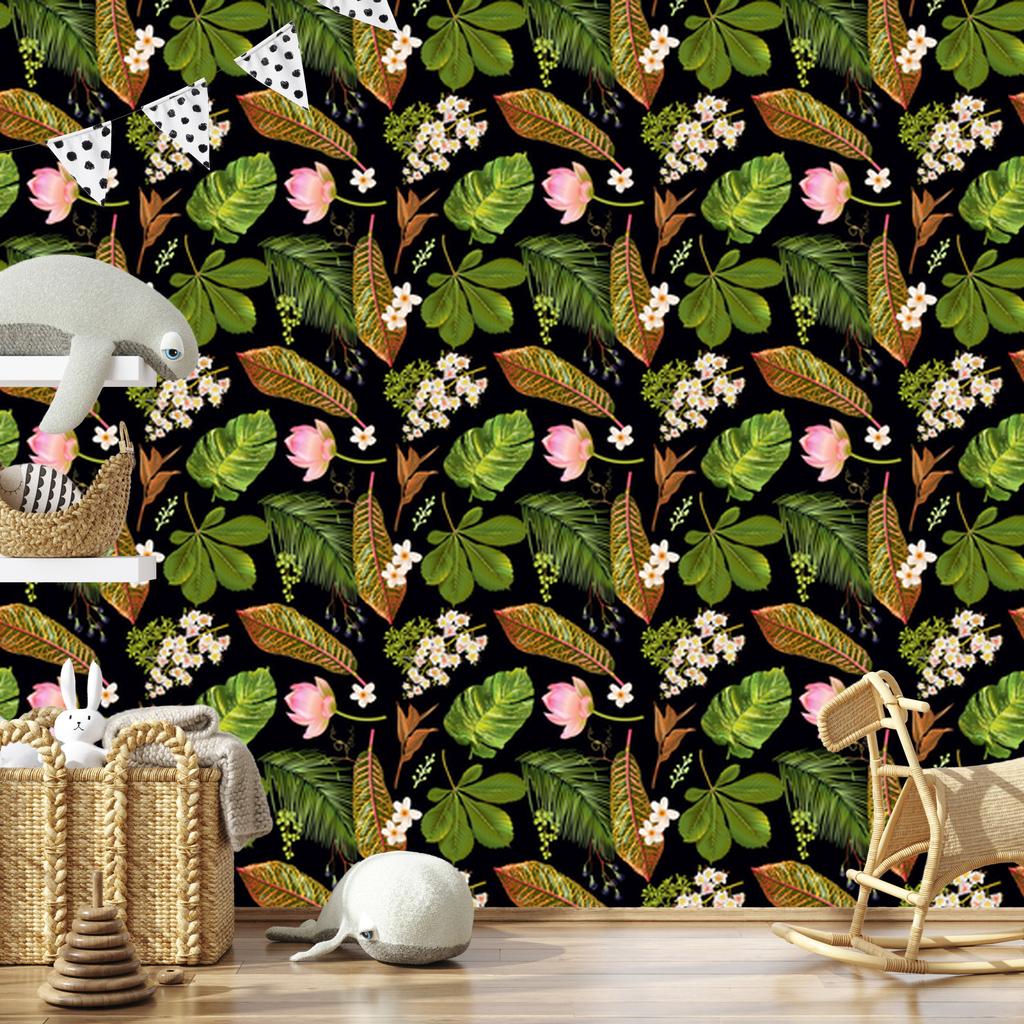 Tropical Flowers and Leaves Wallpaper for Living Room and Bedroom 50x1000