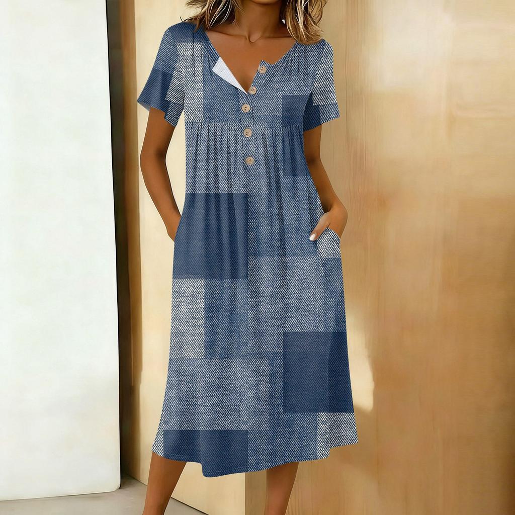 Women's Fashionable Retro Printed Round Neck Short Sleeved Button Neck Mid Length Casual Dress