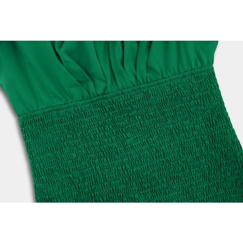 Letní tenké plisované šaty s krátkým bublinkovým rukávem s výstřihem do V