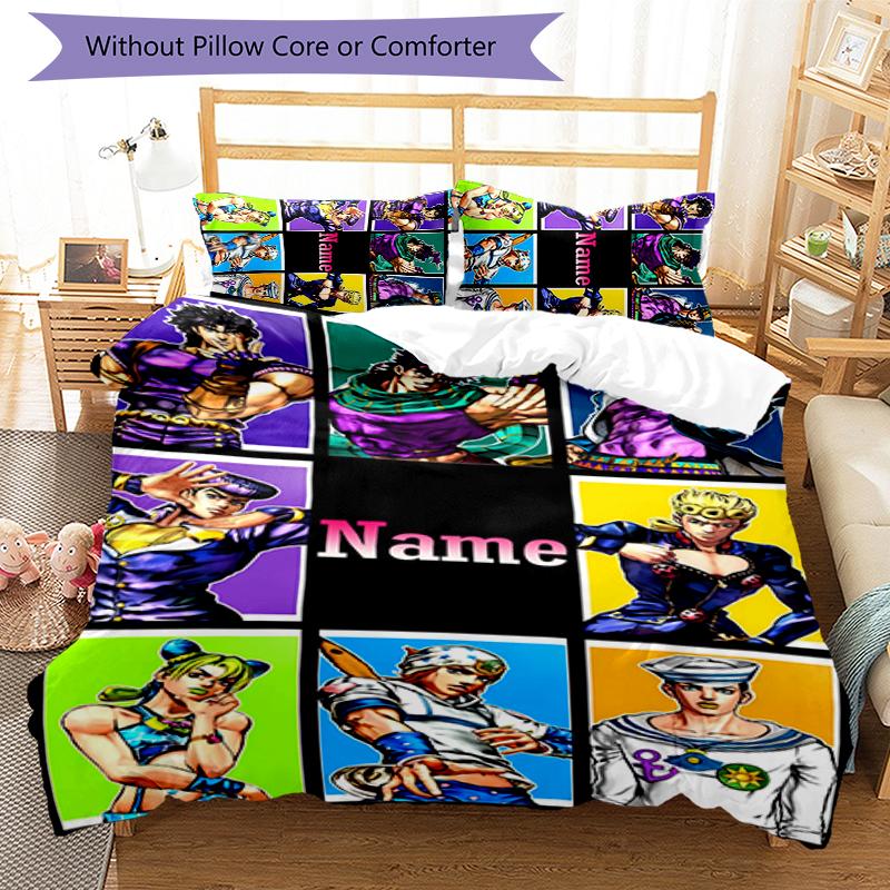 3pcs Custom Name Cartoon JoJo's Bizarre Adventure Bedding Set Duvet Cover Closure Includes 1 Duvet Cover & 2 Pillowcases for All Seasons Bedroom Decor