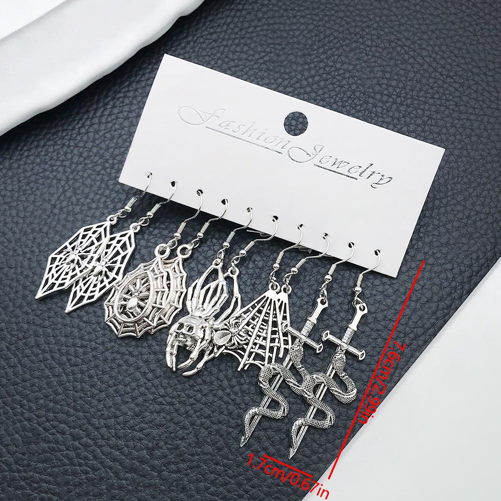 Antique Silver Skull & Spider Moth Pendant Earrings Set - 5 Pairs for Men & Women
