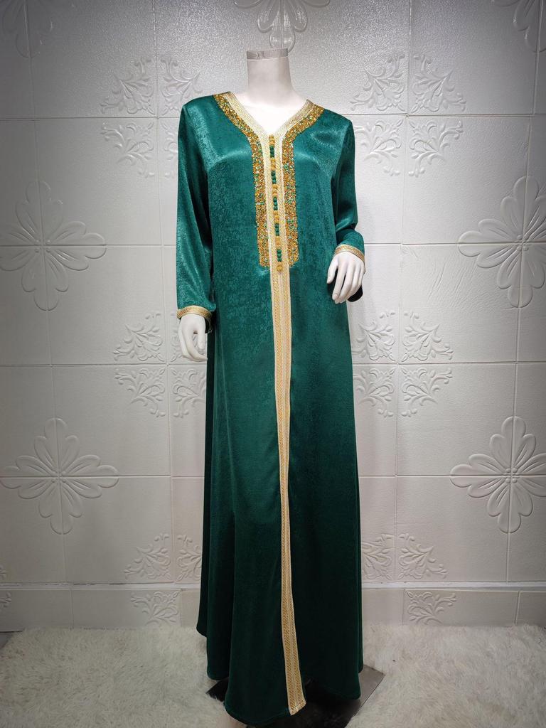 AB073 Women's Lace Abaya with Ribbon & Hot Drill Detail - Middle Eastern Fashion Robe