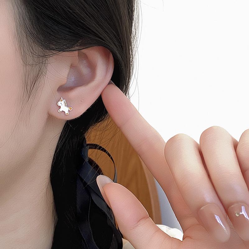 Charming Unicorn Pony Stud Earrings: Women's 999 Pure Silver Gift