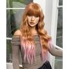 2024 New Brown Gradual Change Pink Hair Tail Dye Qi Bangs Big Waves Long Curly Hair Fashion Wig Full Head Hairstyle