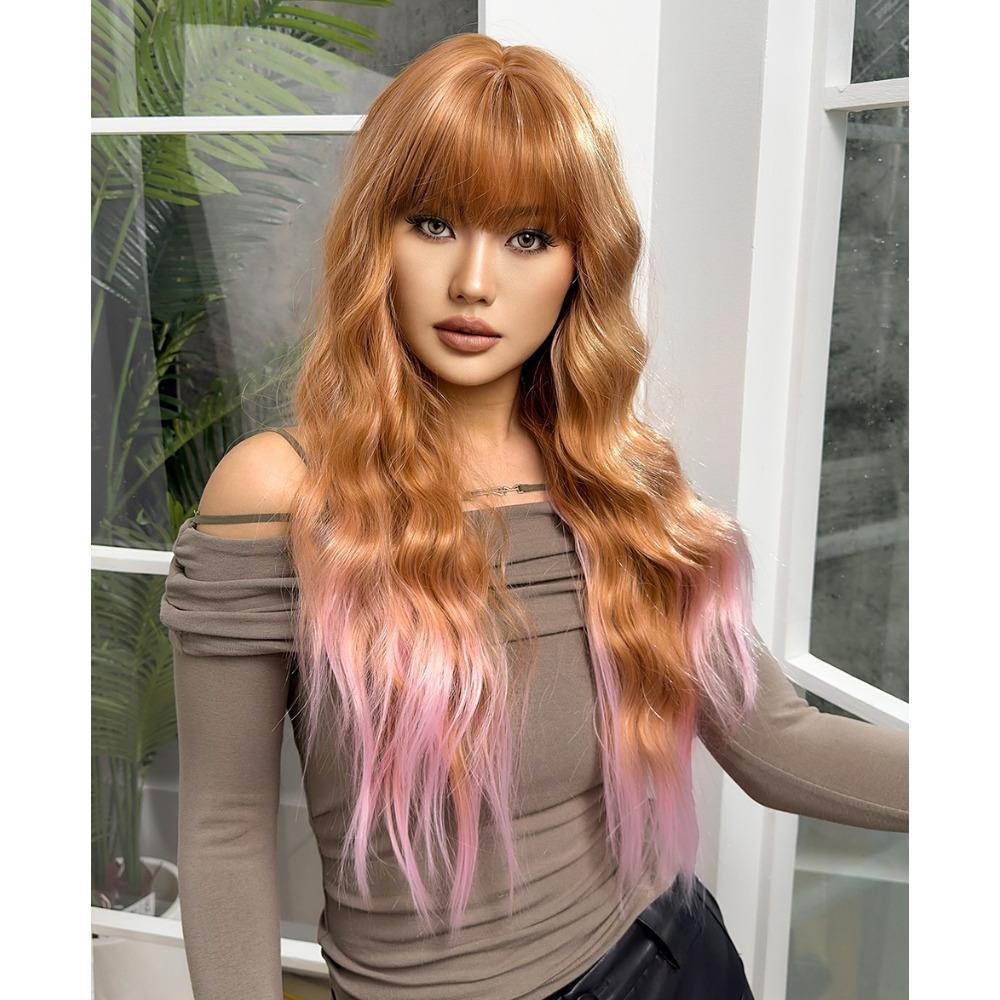 2024 New Brown Gradual Change Pink Hair Tail Dye Qi Bangs Big Waves Long Curly Hair Fashion Wig Full Head Hairstyle
