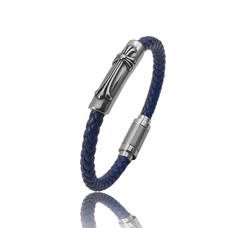 Fashion Men Cross Bracelet Hand Homme Bracelets Woven Blue Hand Jewelry for Stainless Steel Magnet Clasp Leather Bangles Gift 18.5cm