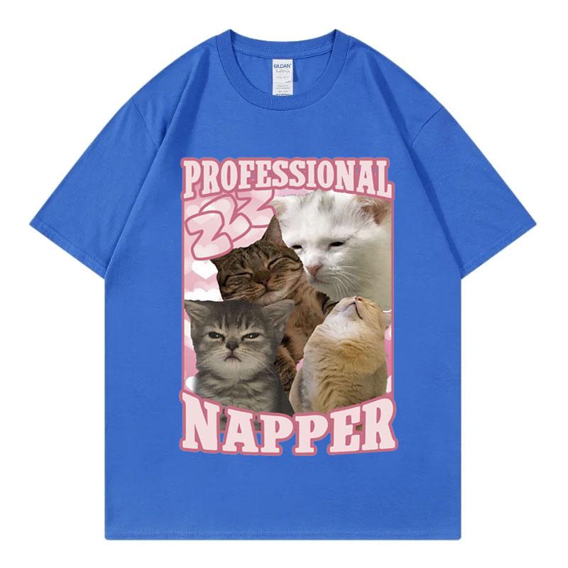 T-shirt Chat Drôle Mème Siesteur Professionnel Mode Kawaii T-shirts Manches Courtes Vêtements en Coton de Haute Qualité T-shirt Unisexe