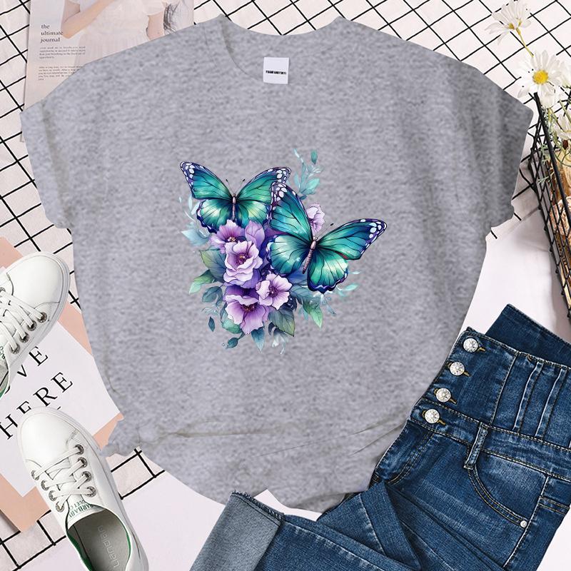 (Premium T-shirt)Funny Flower Butterfly Print T-Shirts For Women Summer Round Neck Tee Shirt Femme Fashion Casual T-Shirts