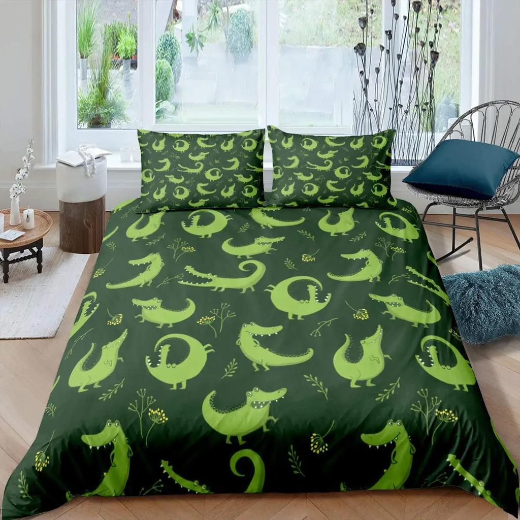 Gren Frog Crocodile Beding Soft Duvet Cover for Children Kids Young Boys Young Girls Pond Lotus Flowers Carton Lovely Animals Children Women Rom Decor