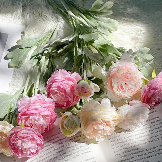 Artificial Ranunculus Asiaticus 2 Head Realistic Fake Silk Flower with Stem Home Office Wedding Party Faux Flower Decoration