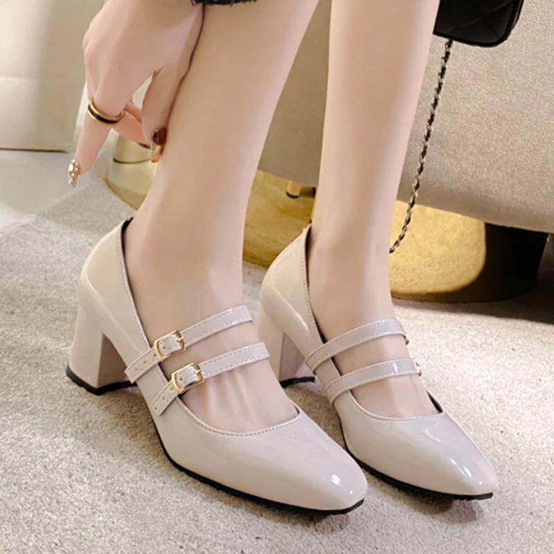 Elegant Women's Chunky Heels Mary Jane Shoes Patent Leather High Heels Party Shoes Square Toe Double Ankle Strap Pumps for Women