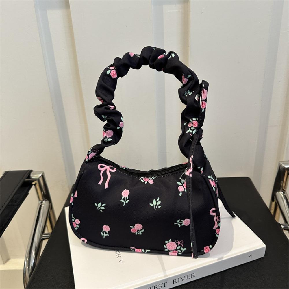 Sweet Flower Pleated Underarm Bag Nylon Zipper Floral Shoulder Bag Lightweight Large Capacity Girls Handbags
