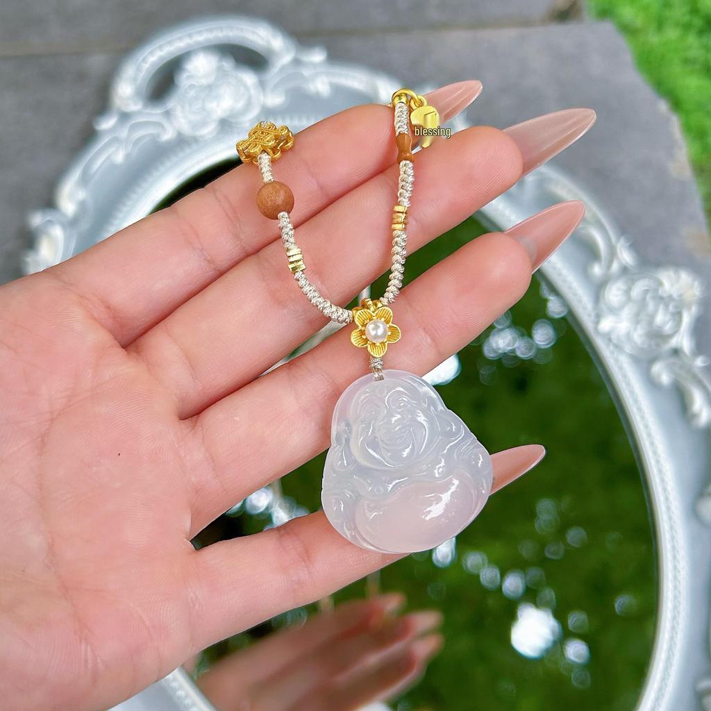 Natural Chalcedony Buddha Pendant Necklace - Handmade Woven, Light Luxury Clavicle Chain