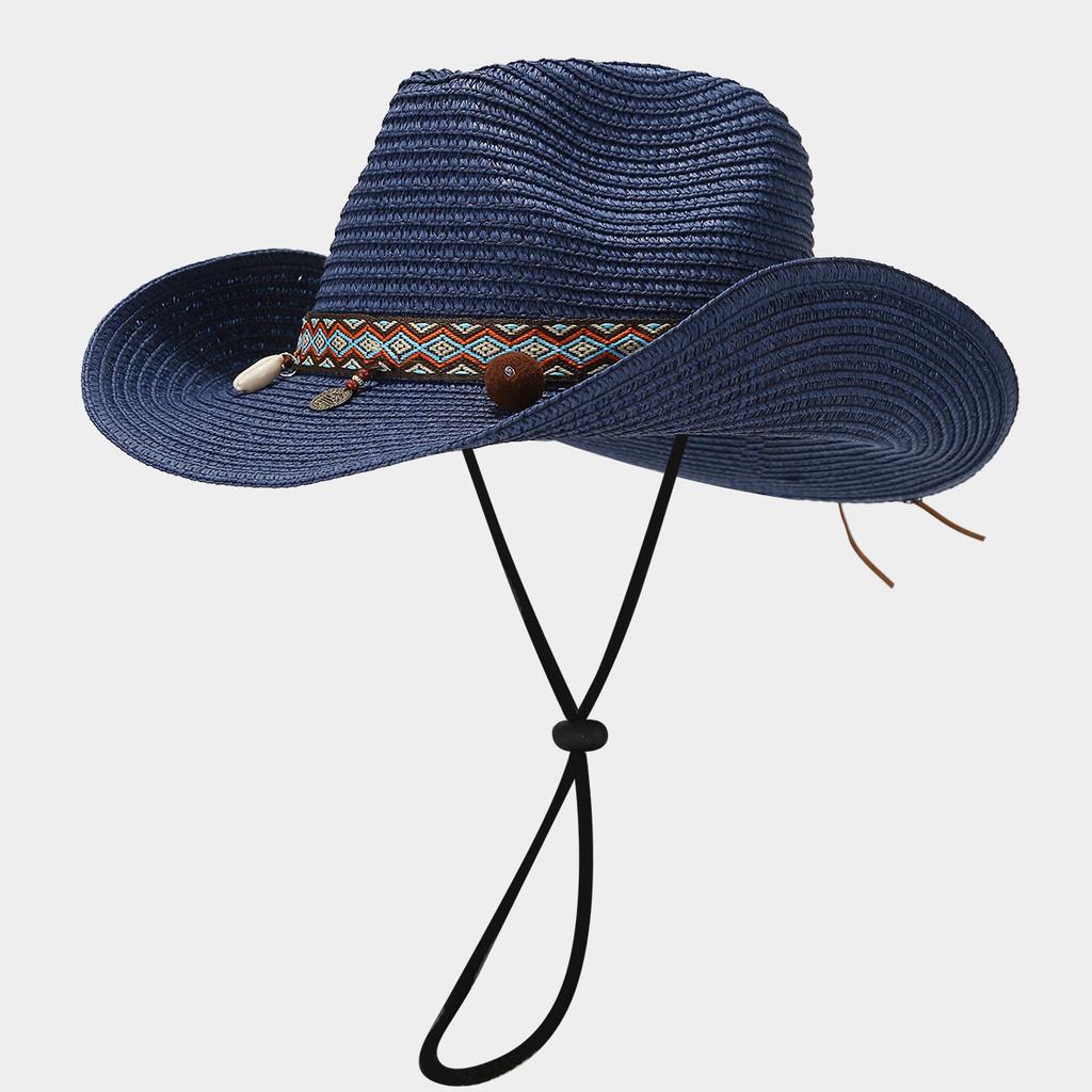 

Style Straw Hat For Women Sun Protection Wide Brim Summer Beach Fashion Accessory темно-синього кольору