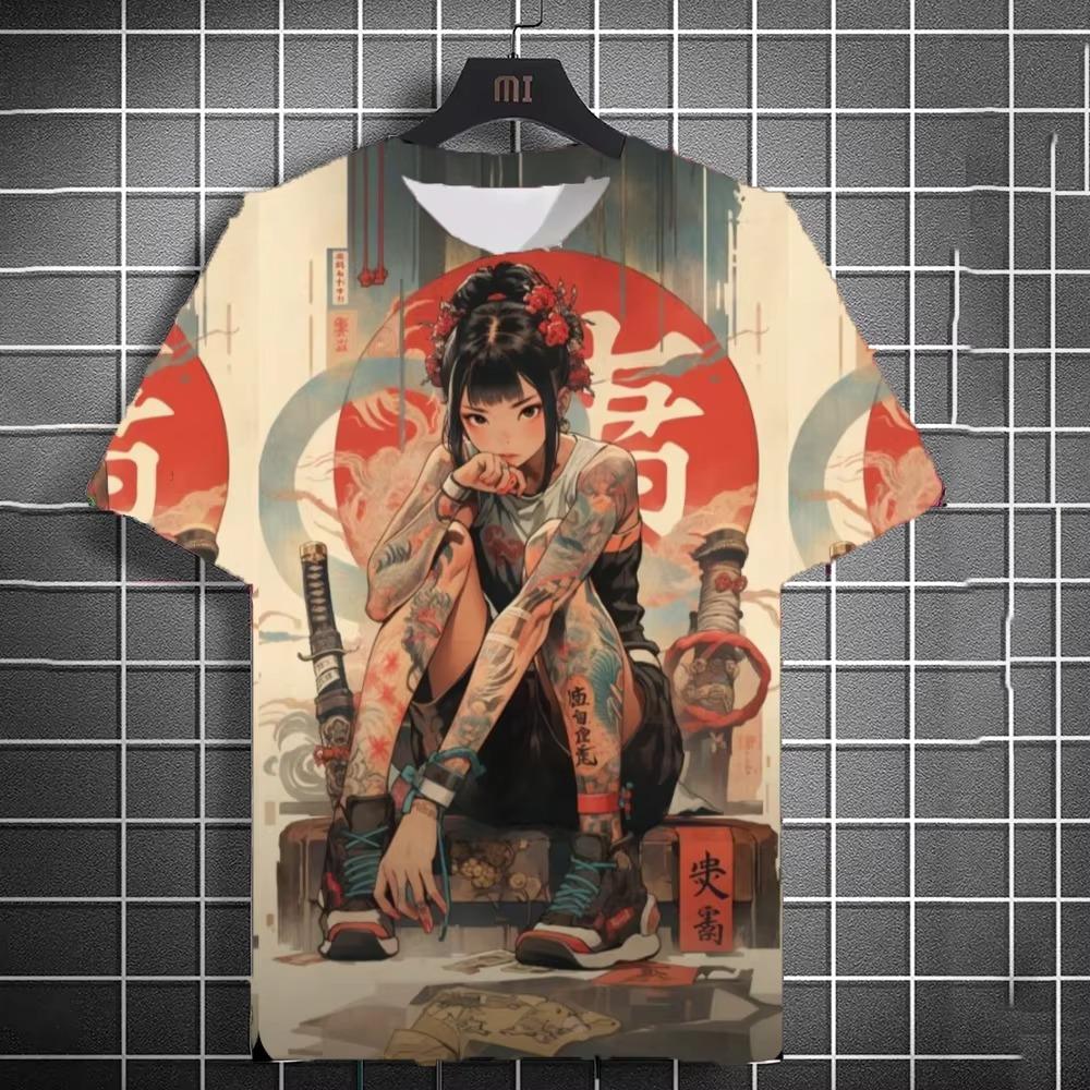 Japanese samurai samurai samurai sword tattoo girl T-shirt 3D printing universal personality anime T-shirt