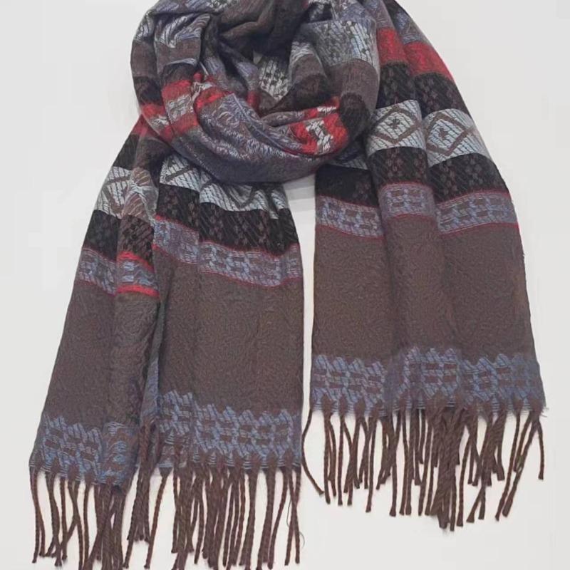 Travel Ethnic Style Striped Faux Cashmere Thick Scarf Fashionable Versatile Windproof Scarf for Women