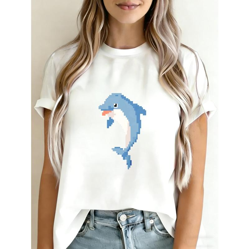 Crew Neck T Shirt White Dolphin Pixel Art Print Casual Summer Wear S чёрный