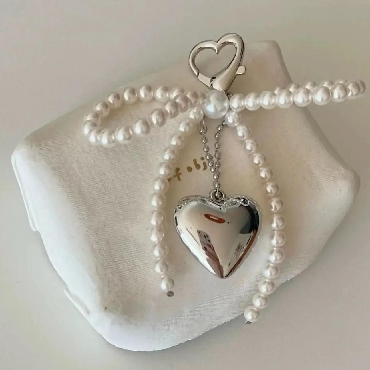 White Bowknot Heart Keychain Women Korean Sweet Charm Pearl Bow Backpack Key Ring Handmade Jewelry Ornament Bags Pendants Gifts белый