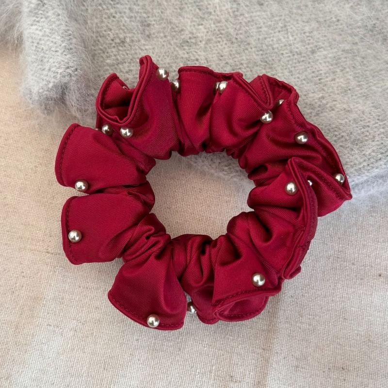 Red Satin Pleated Small Intestine Hairband Elastic Hair Tie Bun Hairpin Scalp Hair String Hair Accessory