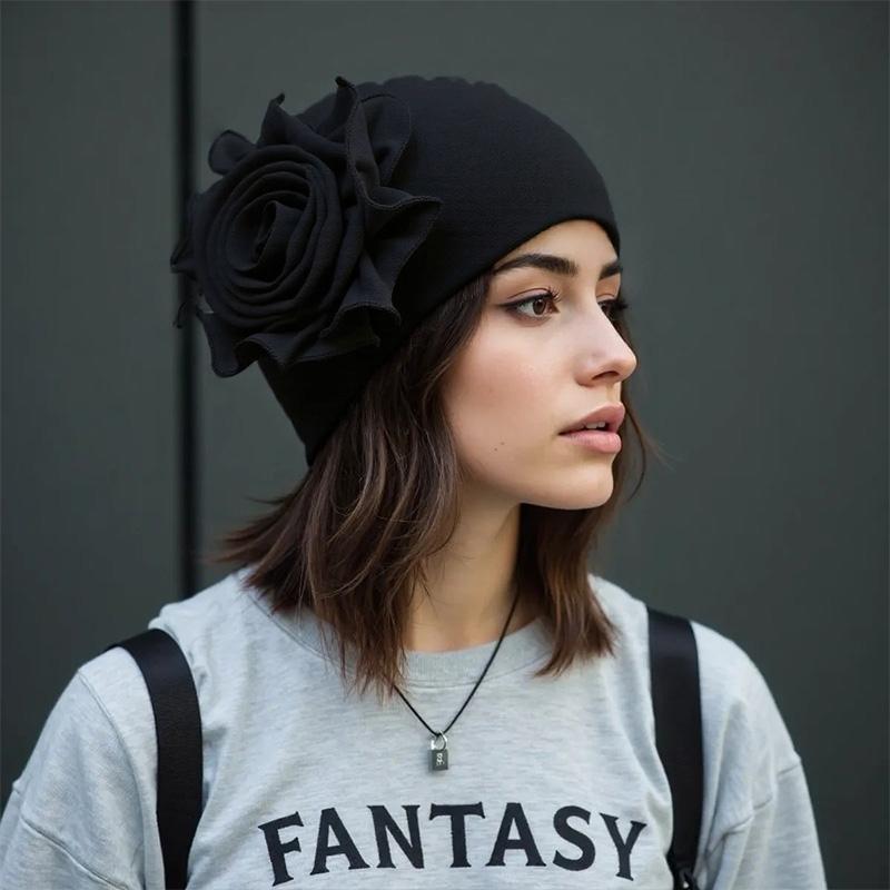 1Pc Head Cap Muslim Head Wraps Women Hair Accessories Solid Color Fashion Turban Hat Elastic Cloth Big Flower