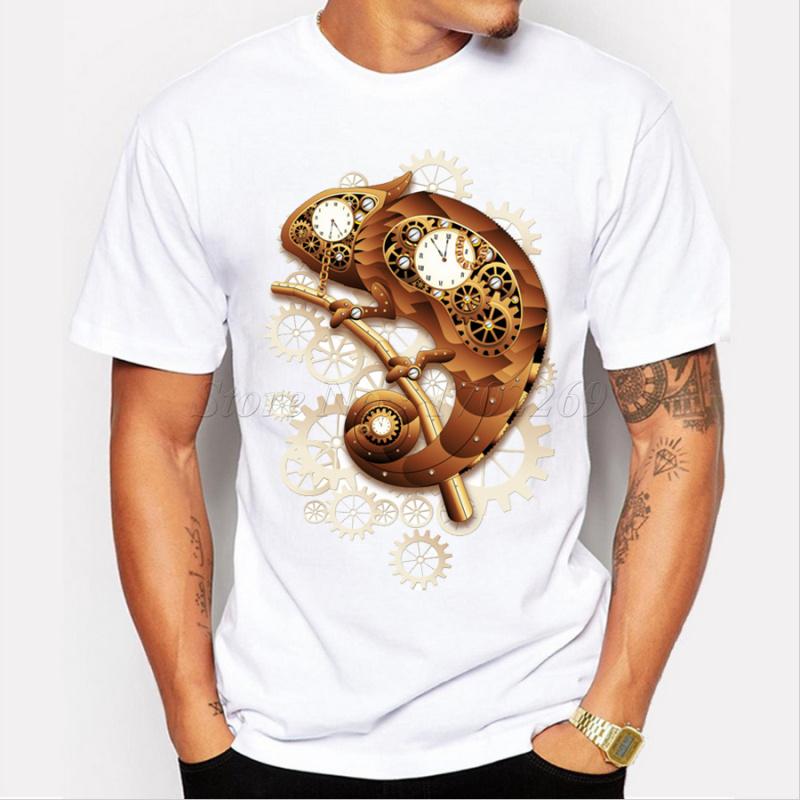 New Arrival Steam Punk Style cat/owl/Chameleon Vintage Printed Men's Casual T-shirt Male Retro Design Funny Tops/tee