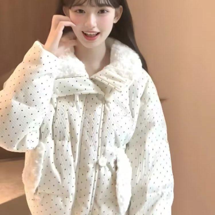 Korean Style Polka Dot Cotton Jacket with Winter Sweet and Thick Loose Short Coat