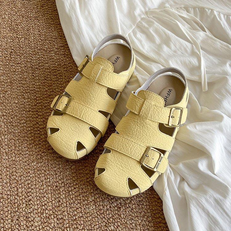 

Baotou sandals women s 2025 new summer with skirt woven breathable hollow Boken shoes pig cage Roman shoes 35 жёлтый