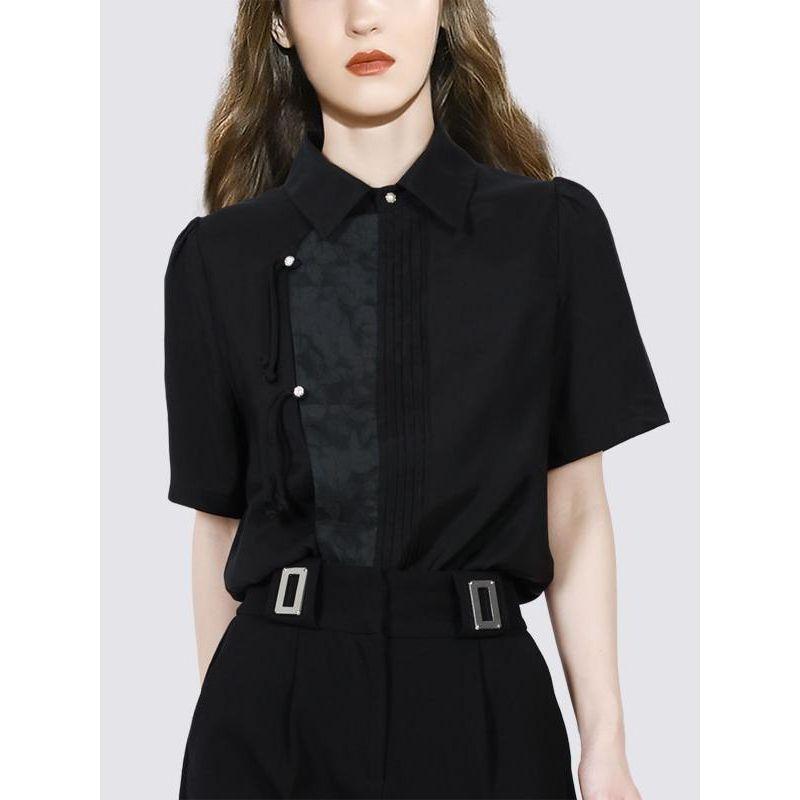 

Fashion Short-Sleeved Shirt National Style Retro Top Buckle Black S