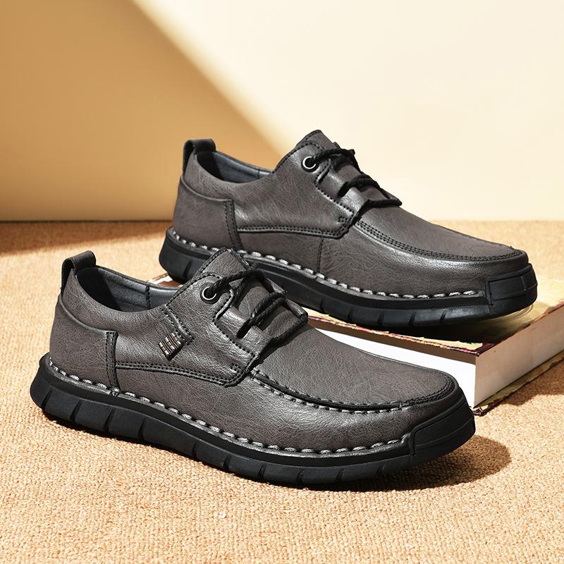 Men's Large Casual Leather Shoes - Soft Sole, Hand-Stitched, Lace-Up for Middle-Aged & Elderly.