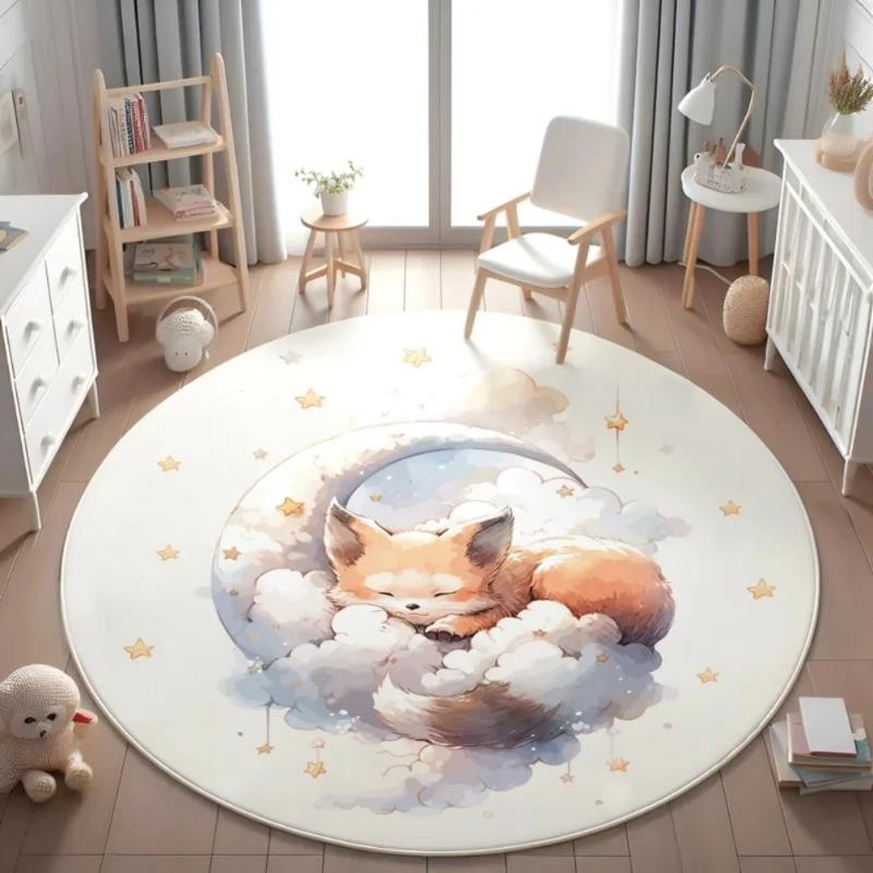 Cute Forest Animals Round Carpet Fox Rabbit Nursery Rug Kids Playroom Floor Mat Bedroom Living Room Washable Baby Activity Mat