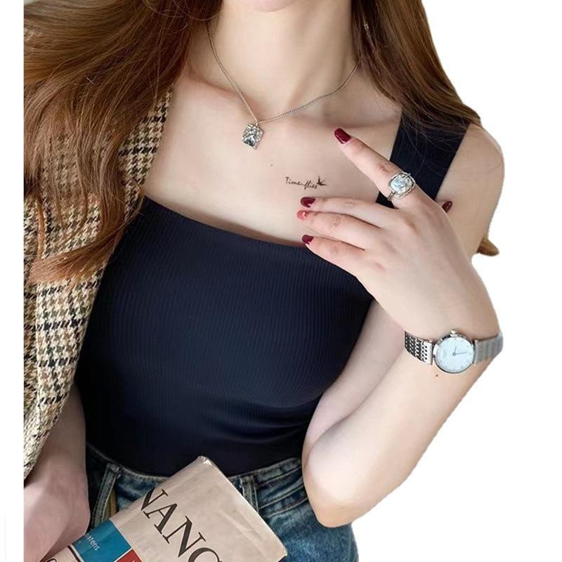 1011 Wide Shoulder Square Neck Beautiful Back Threaded Vest Women's Integrated Cup Inner and Outer Wear Seamless Casual Sling Vest Women