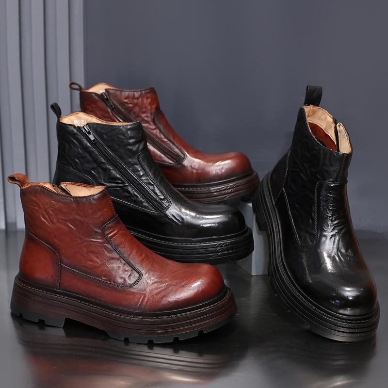 Fashion Golden Sapling New Arrival Men's Motorcycle Boots Winter Genuine Leather Male Streetlish Shoes Non-slip Man Retro Ankle Zip Boot