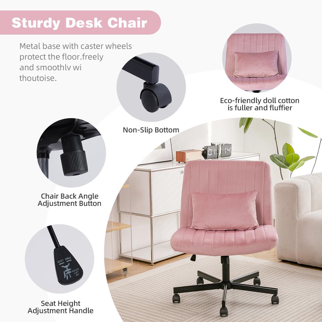 Modern Office Chair – Height-Adjustable Swivel Chair without Armrests with Quiet Casters & Cushion – Fabric Office Chair for Study & Living Room