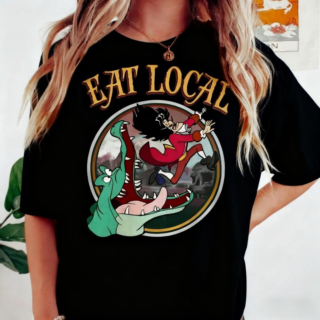 Vintage Trendy Casual Clock Crocodile Captain Hook Eat Local Food Shirt Peter Pan TShirt All Season Cotton Streetwear
